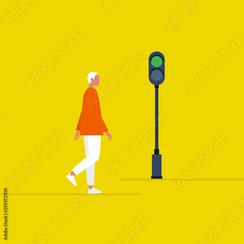Green traffic light. Young male pedestrian crossing the road. Safety. Flat editable vector illustration, clip art