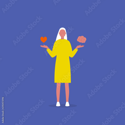 Emotional intelligence. Balance of emotions and thoughts. Therapy. Harmony. Young female character choosing between heart and brain. Conceptual illustration, clip art