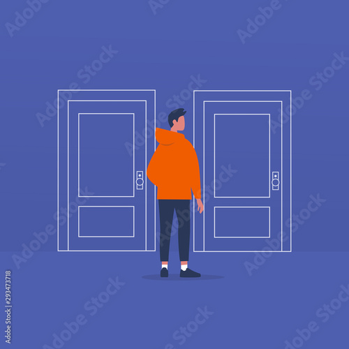 Young male character standing in front of two closed doors