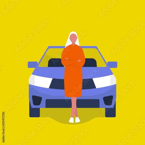 Young female driver standing in front of a SUV car. Millennial lifestyle. Road trip. Flat editable vector illustration, clip art