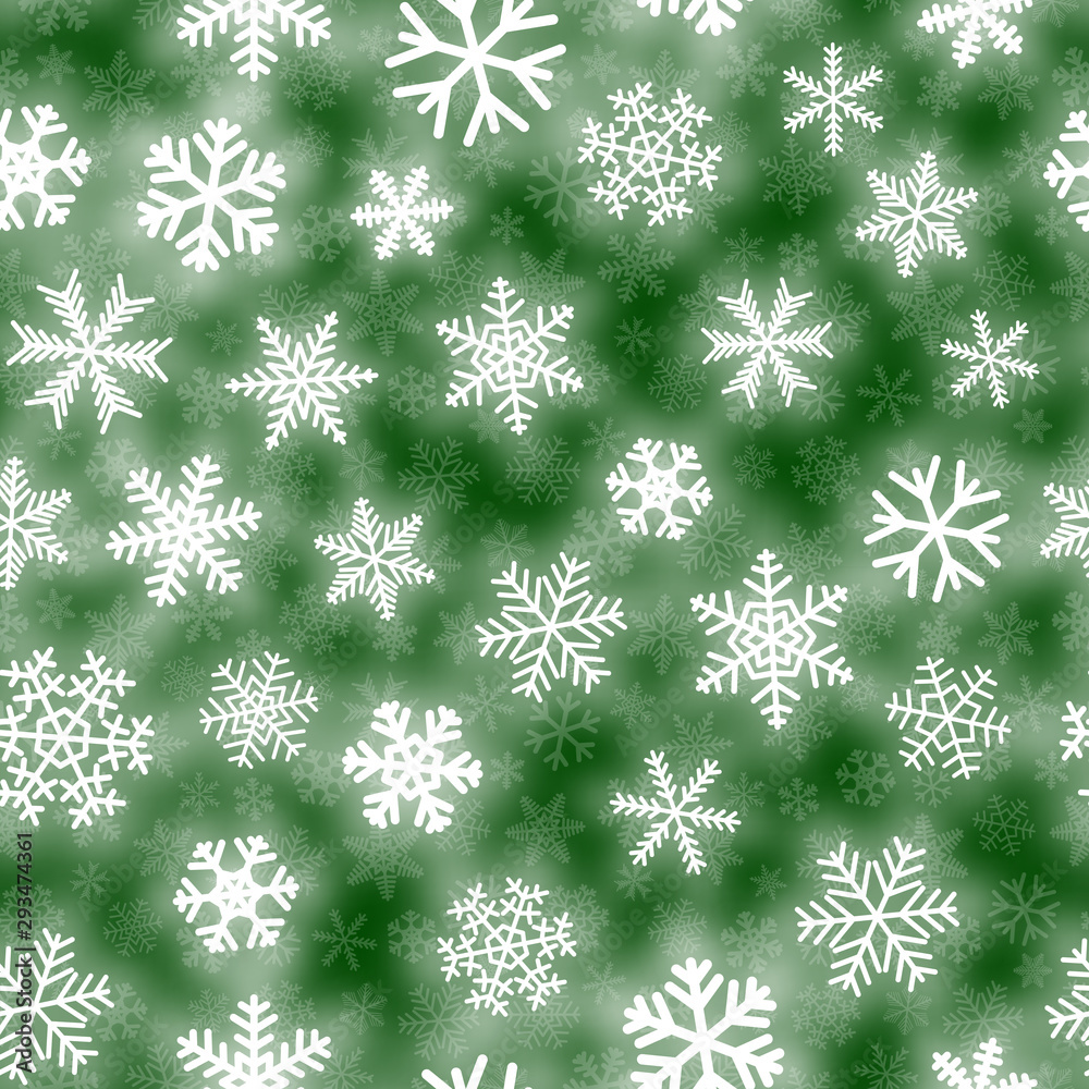 Christmas seamless pattern of white snowflakes of different shapes on green background Christmas seamless pattern of white snowflakes of different shapes on green background
