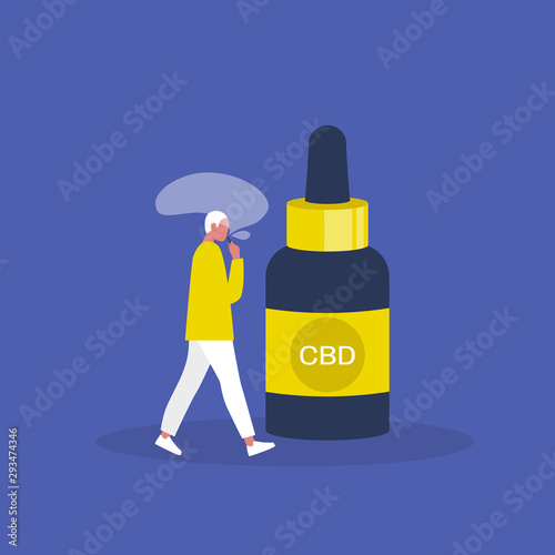 CBD. Cannabis. Medicine. Young male character smoking a vape. Hemp oil. Modern lifestyle. Millennials. Flat editable vector illustration, clip art