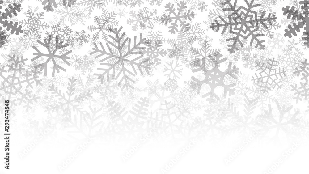 Christmas background of many layers of snowflakes of different shapes, sizes and transparency. Gradient from black to white