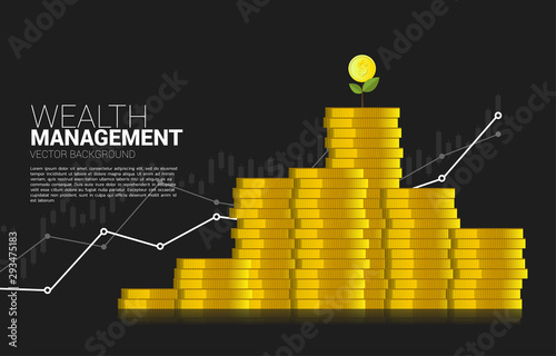 Small money tree at top of stack coin dollar with growing graph. Concept of success investment and growth in business