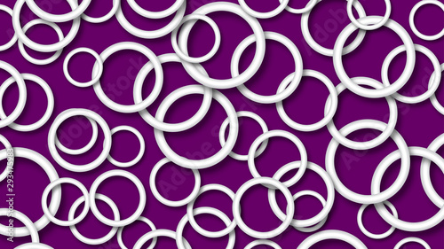 Abstract illustration of randomly arranged white rings with soft shadows on purple background
