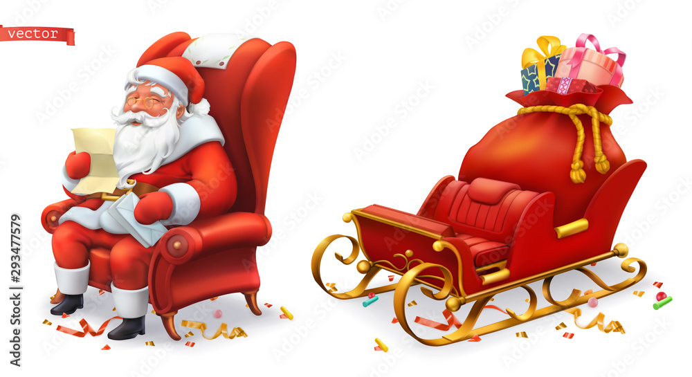 Santa Claus and sleigh with gifts. 3d vector icons - obrazy, fototapety, plakaty 