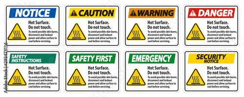 Hot Surface, Do Not Touch, To Avoid Possible Skin Burns, Disconnect And Lockout Power And Allow Surface To Cool Before Servicing Symbol Sign Isolate On White Background,Vector Illustration