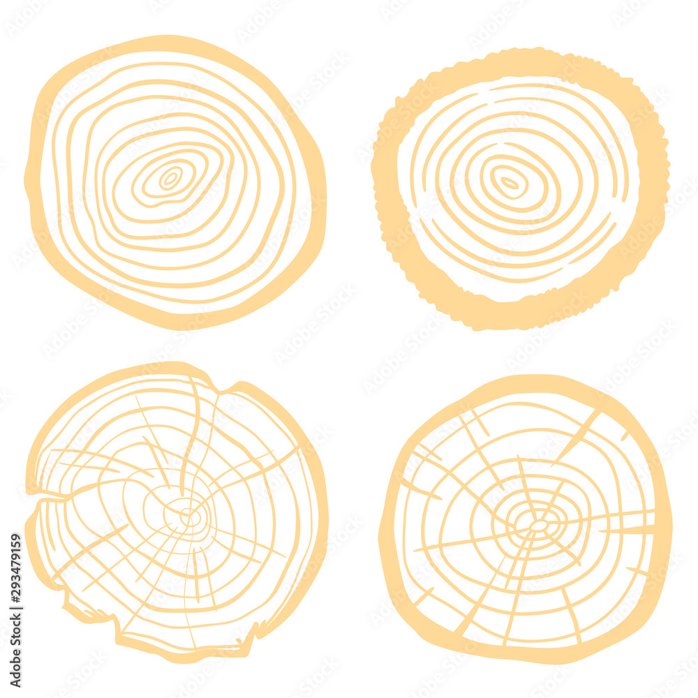 Tree rings. Set of objects on isolation background. Line art. Print for polygraphy, posters, t-shirts and textiles Tree rings. Set of objects on isolation background. Line art. Print for polygraphy, posters, t-shirts and textiles