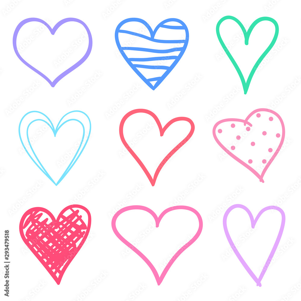 Colorful hearts on isolated white background. Hand drawn signs. Symbols for your design. Colored illustration