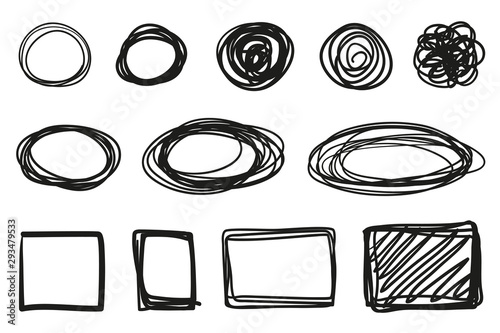Hand drawn abstract geometric shapes on white. Grungy backgrounds with array of lines. Stroke chaotic patterns. Black and white illustration
