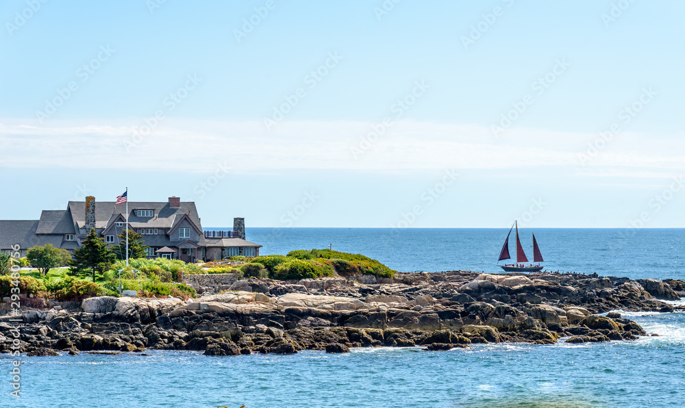 A Three Sail Sailboat Sailing in Front of Walkers Point in Kennebunkport Maine  