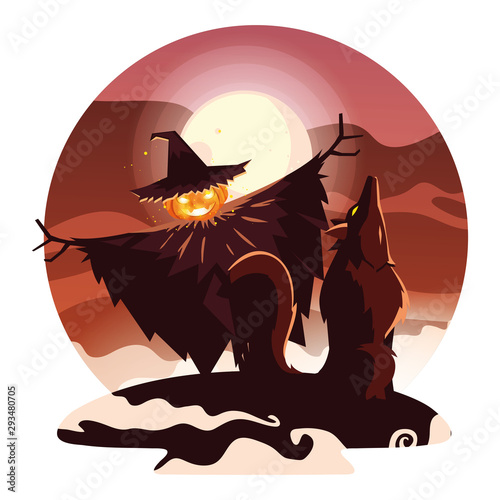 Halloween scarecrown and werewolf vector design icon