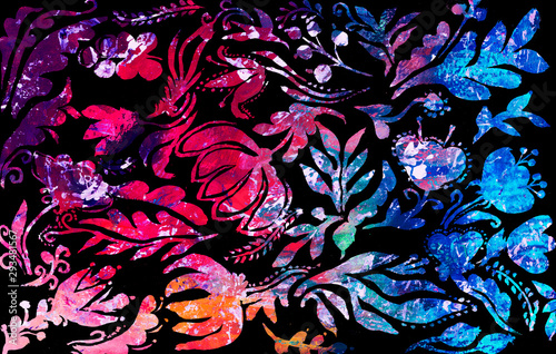 Folk flowers painted with abstract texture of blue and violet colors on a black background