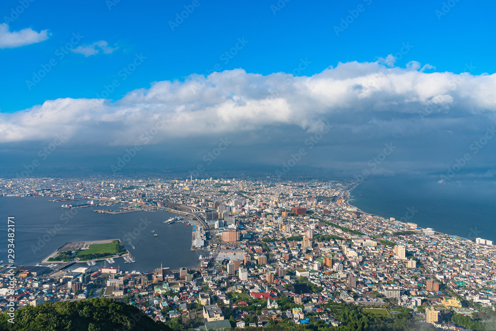 View from Mt. Hakodate observation deck in sunny day, the expansive vista during daytime is spectacular. A famous three star rating sightseeing spot in Hakodate City, Hokkaido, Japan
