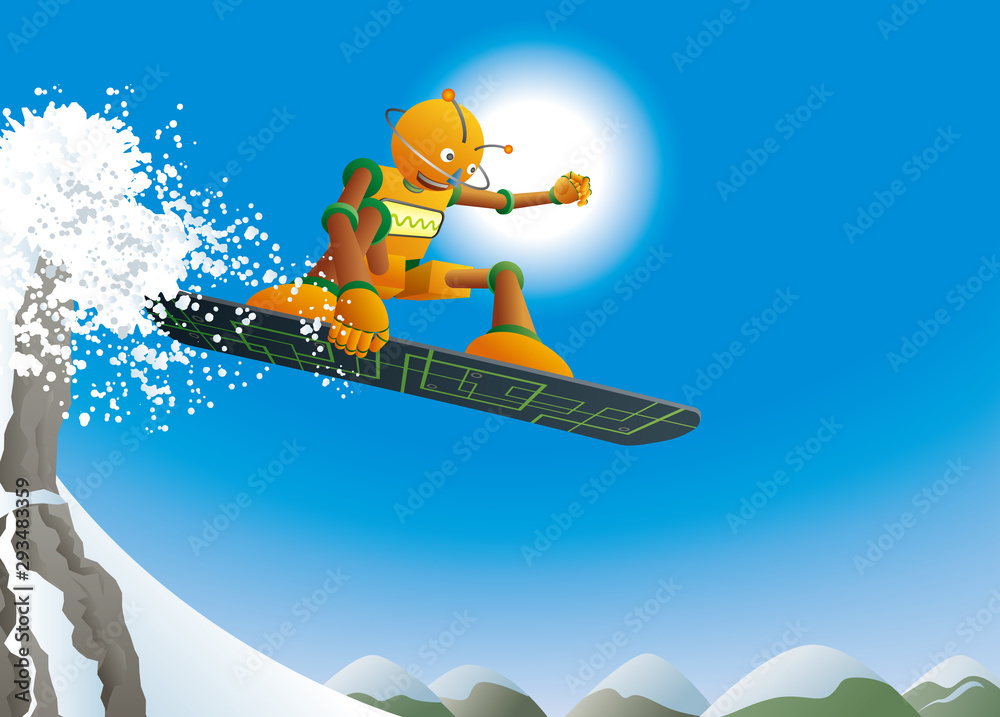 Fototapeta 雪山を滑るロボットスノーボーダー