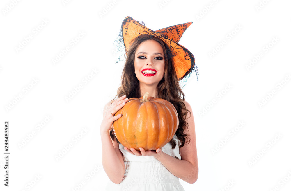 Beautiful surprised woman posing in witches Halloween costume - isolated on white background. Happy Halloween. Witch. Happy Halloween Witch with bright make-up. Beautiful surprised woman posing in witches Halloween costume - isolated on white background. Happy Halloween. Witch. Happy Halloween Witch with bright make-up.