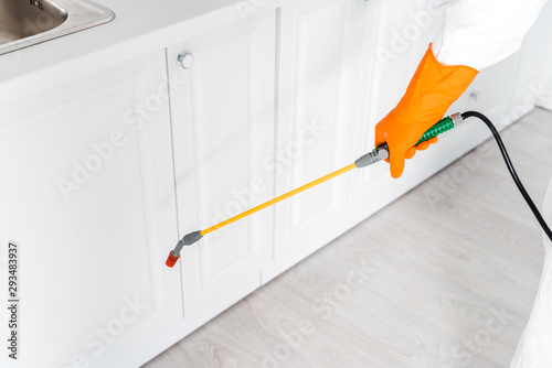 cropped view of exterminator in uniform standing with toxic spray in kitchen