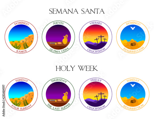 Holy Week icons pack, spanish and english version, vector illustration.