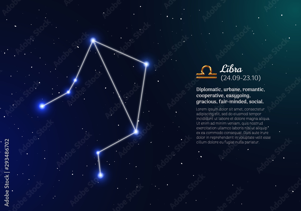 Libra zodiacal constellation with bright stars. Libra star sign and dates of birth on deep space background. Astrology horoscope with unique positive personality traits vector illustration.