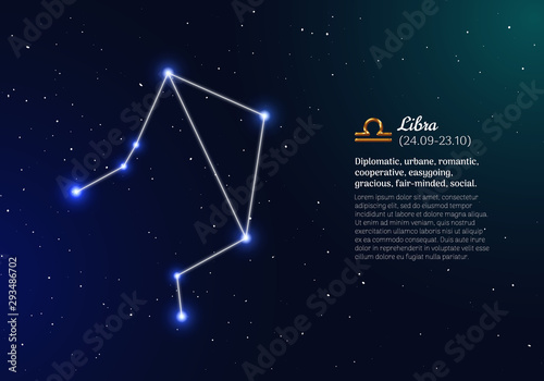 Libra zodiacal constellation with bright stars. Libra star sign and dates of birth on deep space background. Astrology horoscope with unique positive personality traits vector illustration.