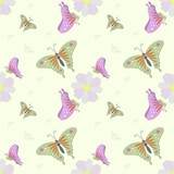 Pattern seamless vector of flying butterfly and flower in tropical forest concept on green background.