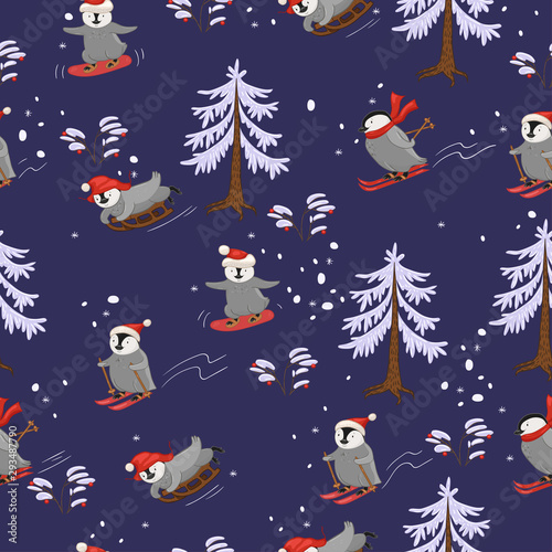 Skiers penguins seamless pattern. Print for wrapping paper or fabric.