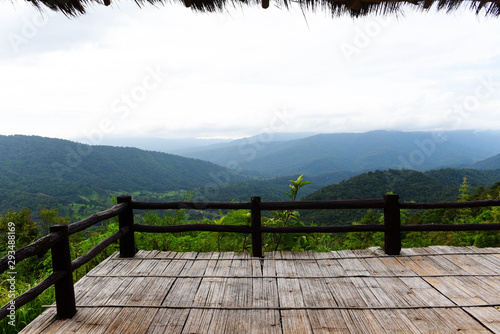 Fototapeta Naklejka Na Ścianę i Meble -  Terrace on view forest green mountain Landscape balcony outdoors amazing viewpoint nature hill