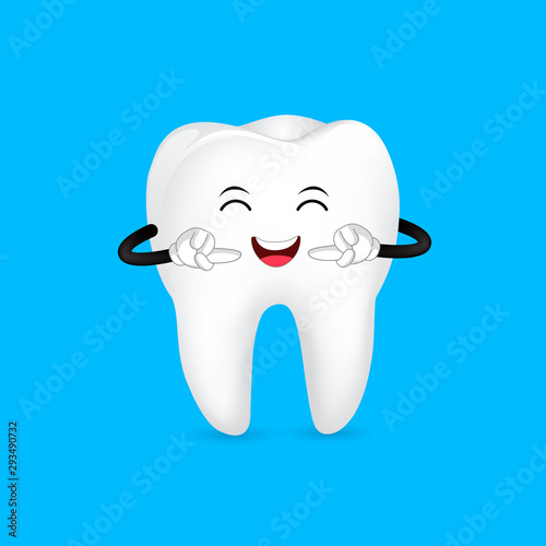 Tooth characters pointed to the teeth. Dental care concept. Illustration isolated on blue background.
