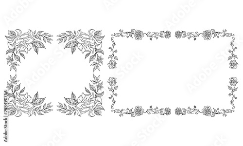 Tropical hand-drawn floral rectangular shaped frames. Outline set. Jungle illustration. Floral set. Vector isolated collection. Natural spring wedding card. Summer tropical leaf. Botanical frames