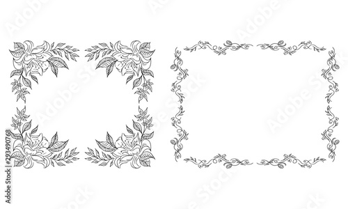 Tropical hand-drawn floral rectangular shaped frames. Outline set. Jungle illustration. Floral set. Vector isolated collection. Natural spring wedding card. Summer tropical leaf. Botanical frames