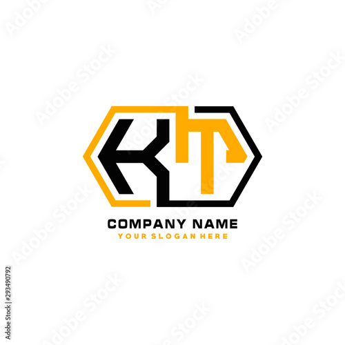 KT initial letters looping linked hexagon elegant logo color blue, black, yellow