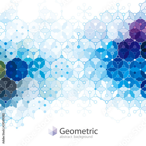 Geometric molecule structure blue abstract background.