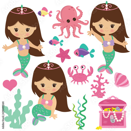 Cute mermaid vector cartoon illustration. Sea princess.