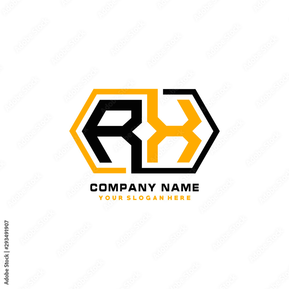 RX initial letters looping linked hexagon elegant logo color blue, black, yellow RX initial letters looping linked hexagon elegant logo color blue, black, yellow