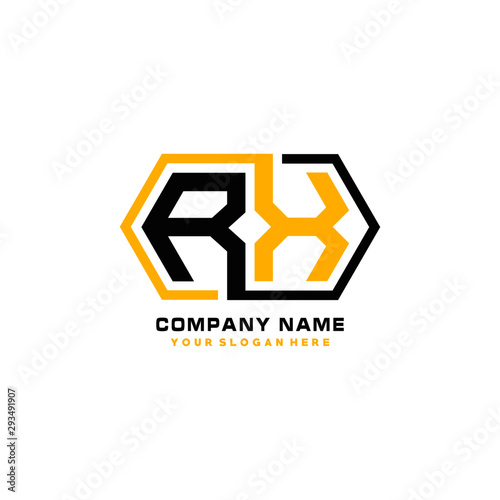 RX initial letters looping linked hexagon elegant logo color blue, black, yellow
