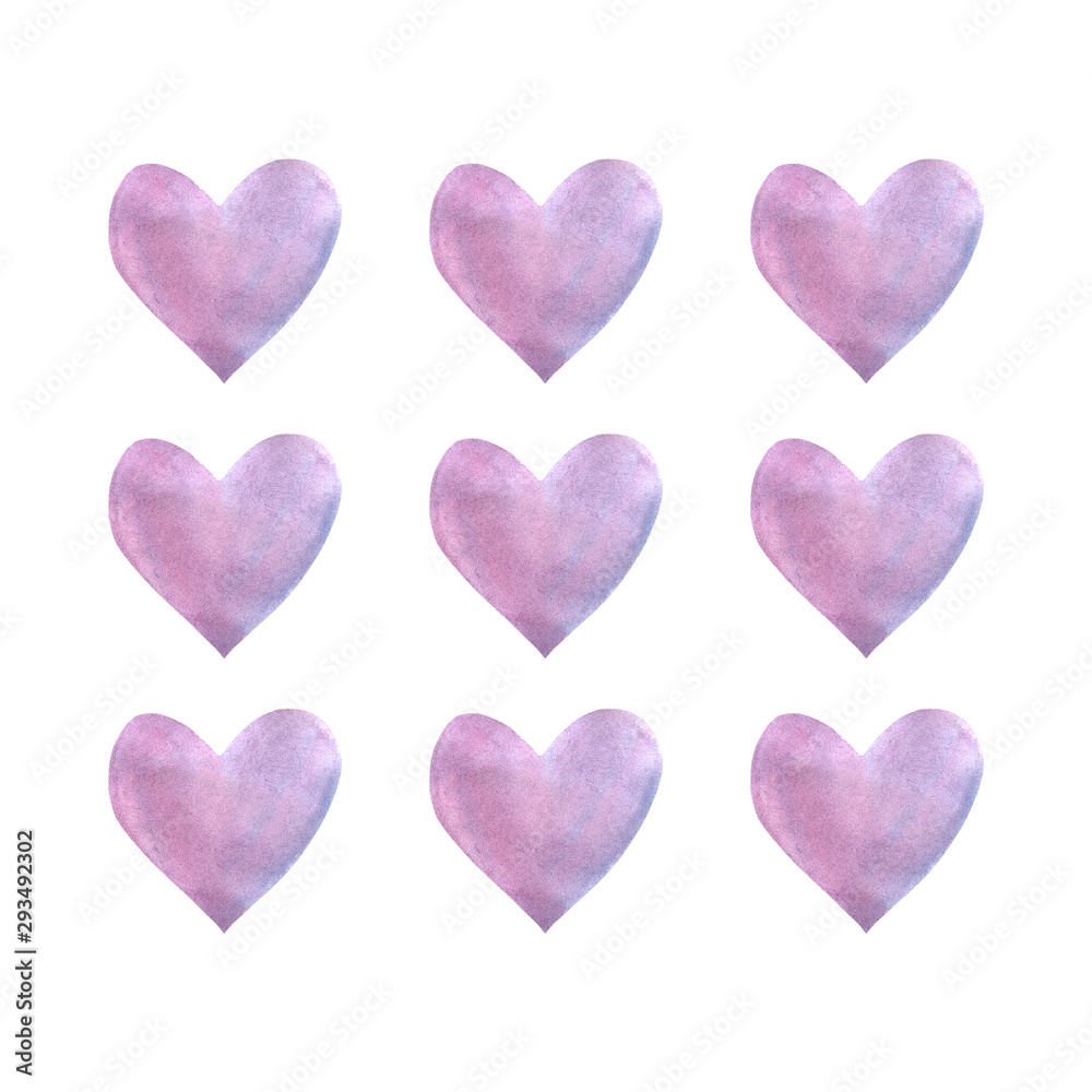 pink watercolor hearts isolated on white background