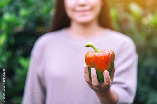 A woman holding a fresh bell pepper in hand