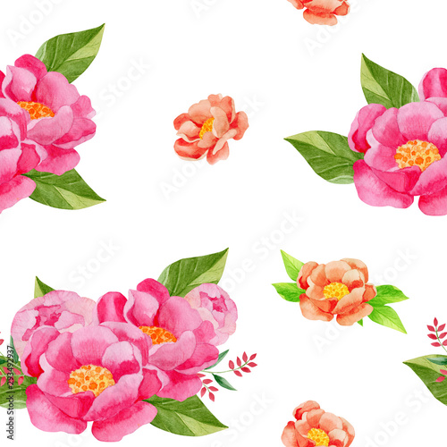 Fototapeta Naklejka Na Ścianę i Meble -  set of flowers, watercolor hand drawn peony seamless pattern 