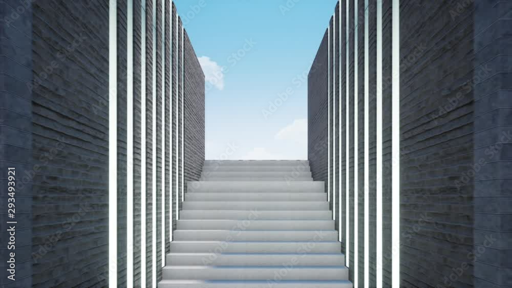 walking through hallway with stairs and pool outside at the end, video 3D animation ultra HD 4K 3840x2160 walking through hallway with stairs and pool outside at the end, video 3D animation ultra HD 4K 3840x2160