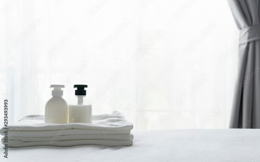Liquid soap and shampoo bottle in bedroom. Hygiene and healthy life concept. Liquid soap and shampoo bottle in bedroom. Hygiene and healthy life concept.