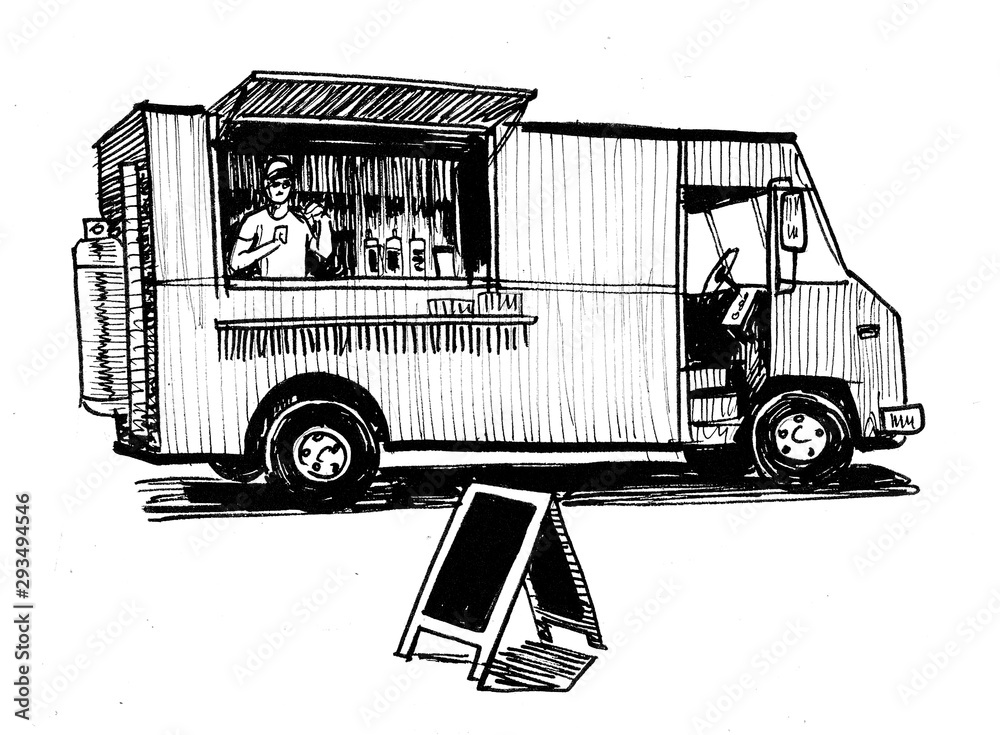 Food truck. Ink black and white drawing Stock Illustration Adobe Stock