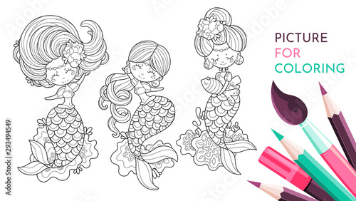Cute little mermaids. A set of contour images. Page for coloring book, greeting card, print and poster. Hand-drawn vector illustration.