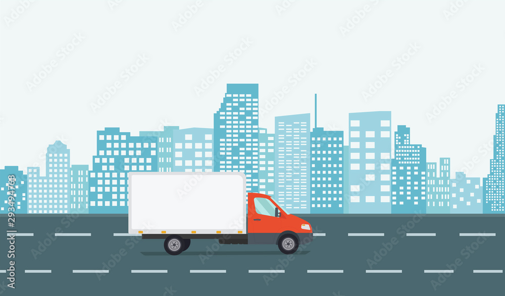 Delivery van with a cityscape in the background. Flat style vector illustration.