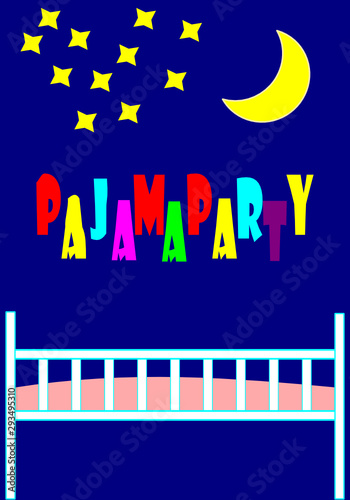 Pajama party background with yellow moon star and bed