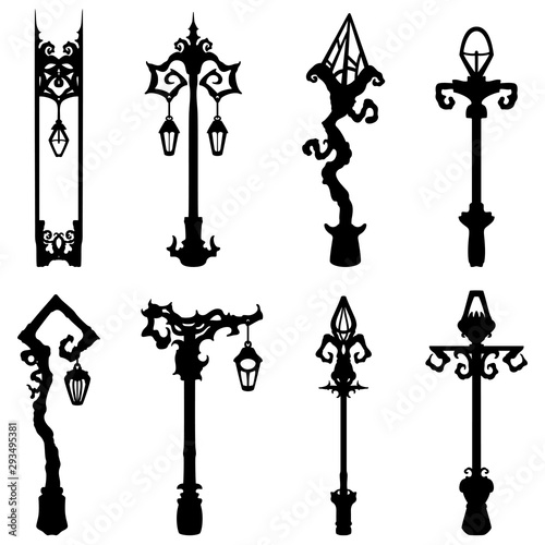 Fable street lantern silhouettes set/ Illustration fantasy decorative lamp post silhouettes