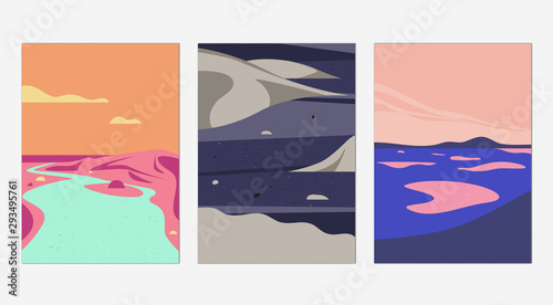 Minimalist landscape poster design, waterfall, plateau and marsh