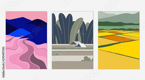 Minimalist landscape poster design, rice fields