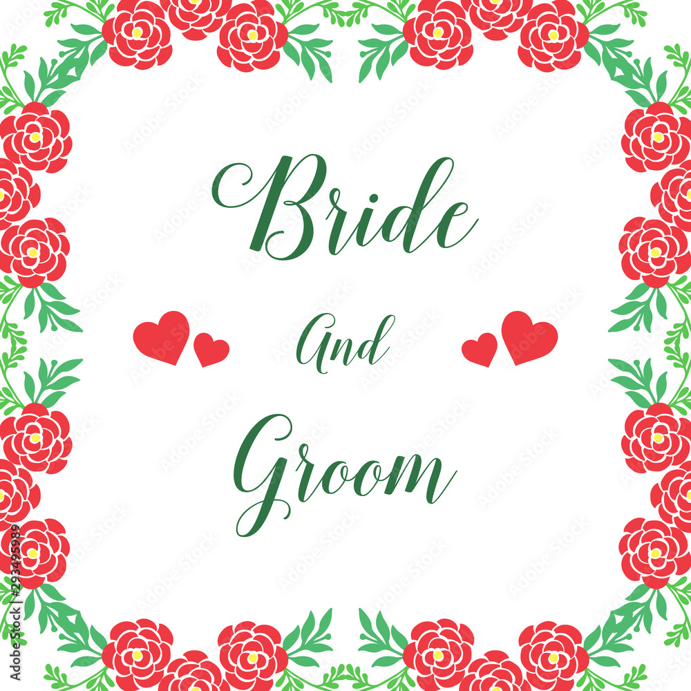 Handwritten of bride and groom, with green leafy flower frame on white background. Vector Handwritten of bride and groom, with green leafy flower frame on white background. Vector