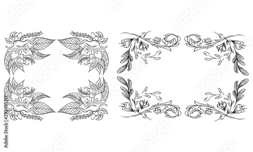 Tropical hand-drawn floral rectangular shaped frames. Outline set. Jungle illustration. Floral set. Vector isolated collection. Natural spring wedding card. Summer tropical leaf. Botanical frames