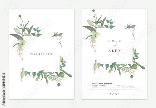 Flowers and foliage wedding invitation card template design, square frame decorated with various green leaves and flowers on white